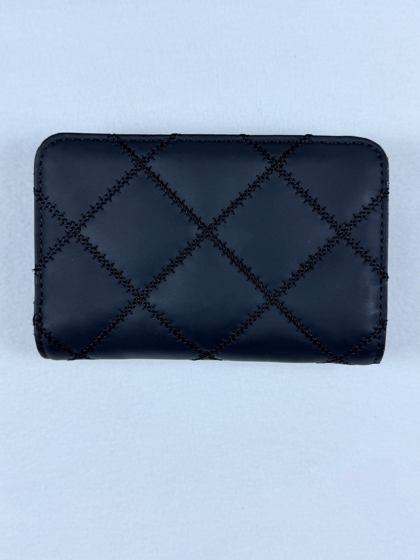 Tory Burch Black Quilted Diamond Logo Medium Flap Wallet Card Holder Zip Pocket