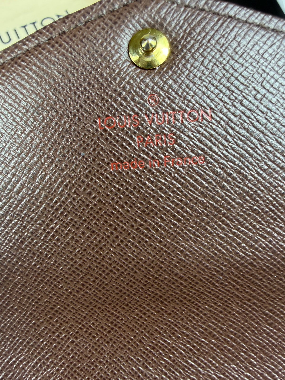 Louis Vuitton Damier Ebene Sarah Wallet with Chain, Box & Dustbag