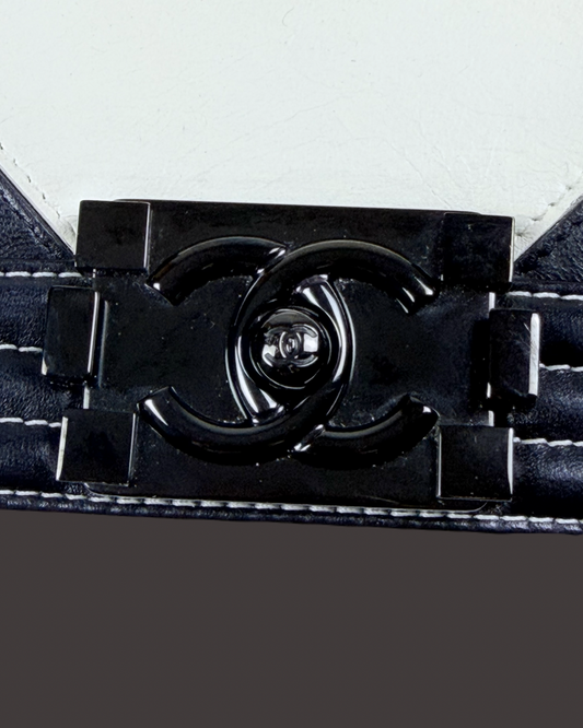 Chanel Boy Handbag Black & White Leather Ruthenium Hardware