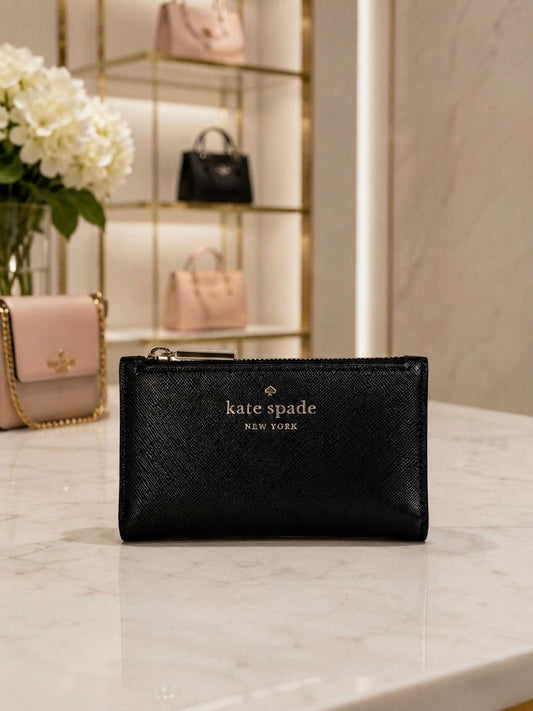 Kate Spade New York Black Saffiano Leather Snap Closure Card Case Wallet ID Holder