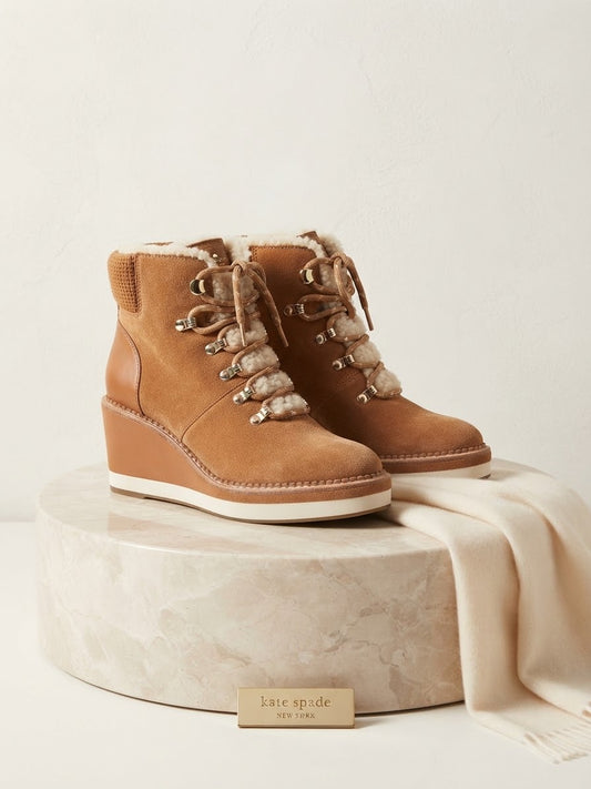Kate Spade New York "Willow" Tan Suede Wedge Hiking Boots Shearling Trim Sz 8