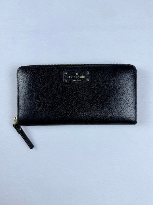 Kate Spade Pebbled Black Leather Zip-Around Wallet with Gold Plaque