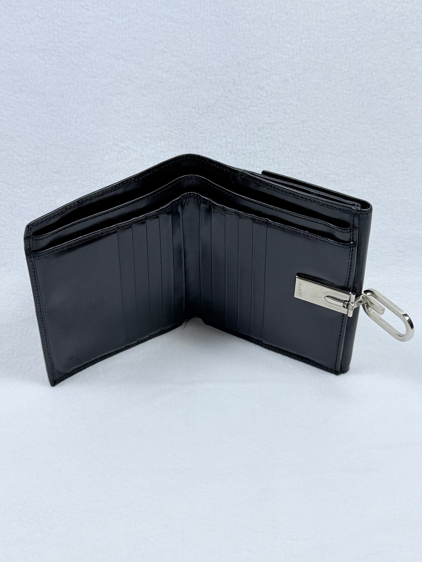 Gucci Vintage Black Leather Compact Wallet w/ G Clasp, Silver Hardware & Entrupy COA