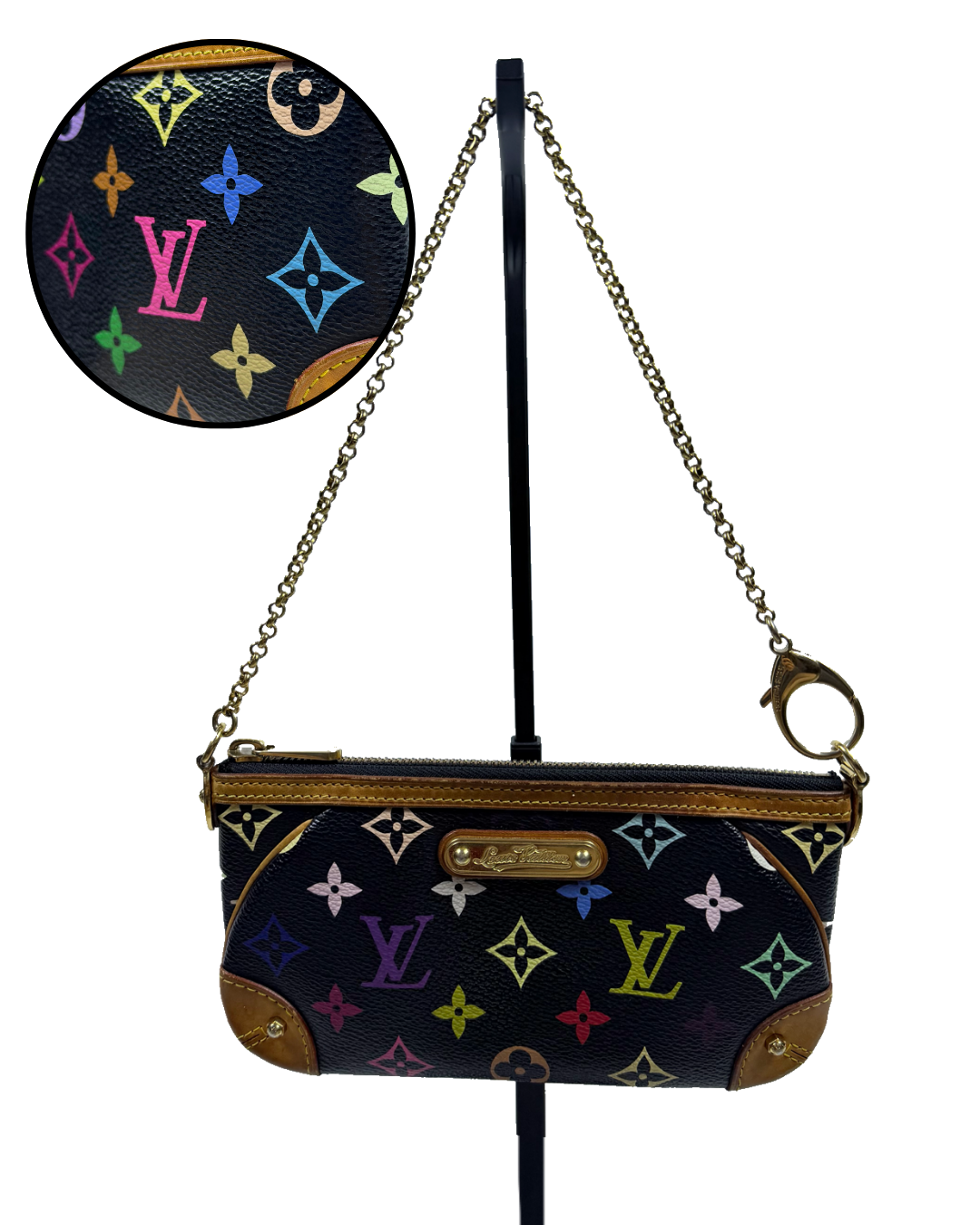 Louis Vuitton Monogram Multicolore Murakami Black Milla Pochette MM Chain Clutch w/ Entrupy COA