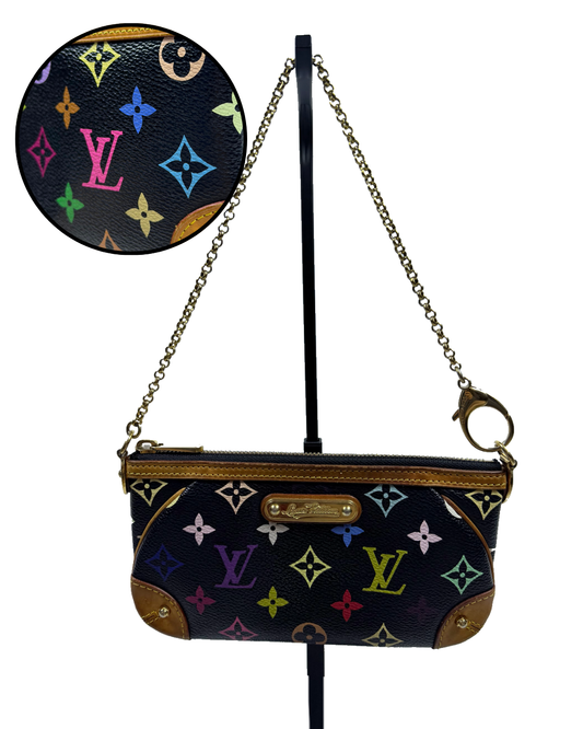 Louis Vuitton Monogram Multicolore Murakami Black Milla Pochette MM Chain Clutch w/ Entrupy COA