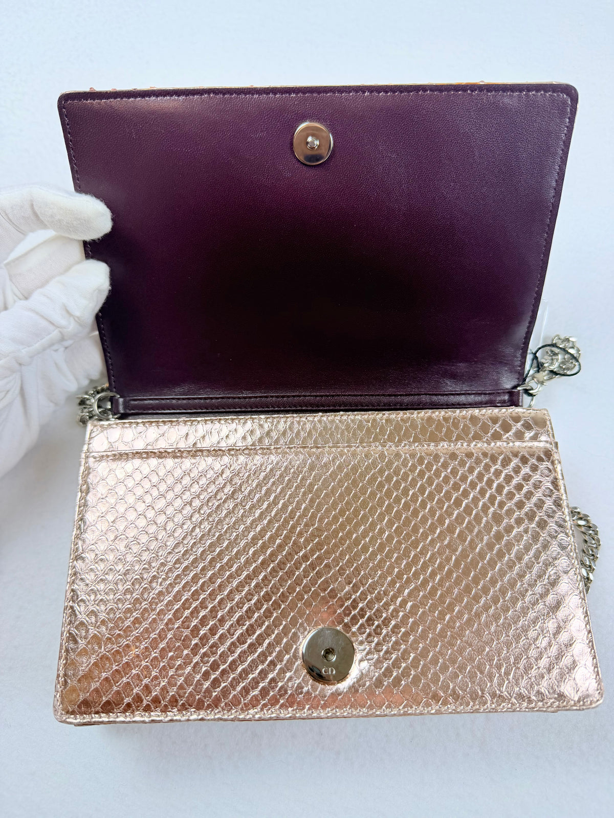 Christian Dior Rose Gold Python Diorama Promenade Pouch Chain Crossbody Bag RARE