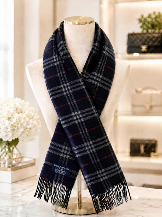 SOLD Burberry London Navy Blue Plaid Vintage Scarf 100% Lambswool Made in England