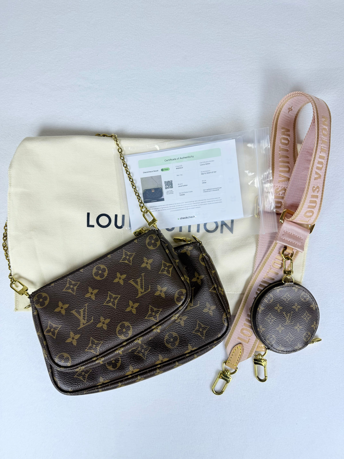 Louis Vuitton Monogram Multi Pochette Accessoires Crossbody Bag - Pink Jacquard Strap & Gold Hardware Set