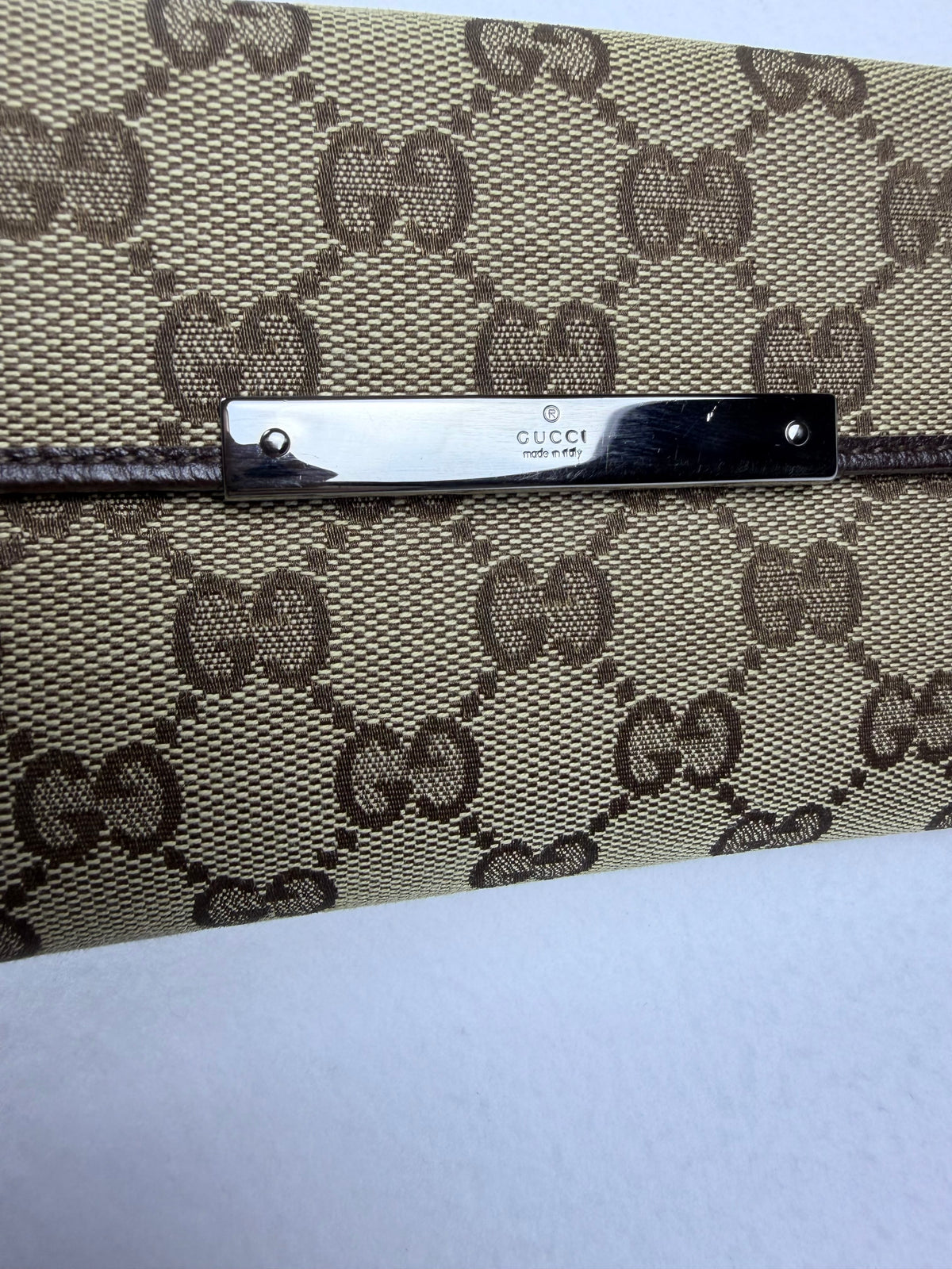 Gucci Monogram GG Canvas Continental Long Wallet Brown Leather Metal Bar W/ Box & Unbranded Silver Chain