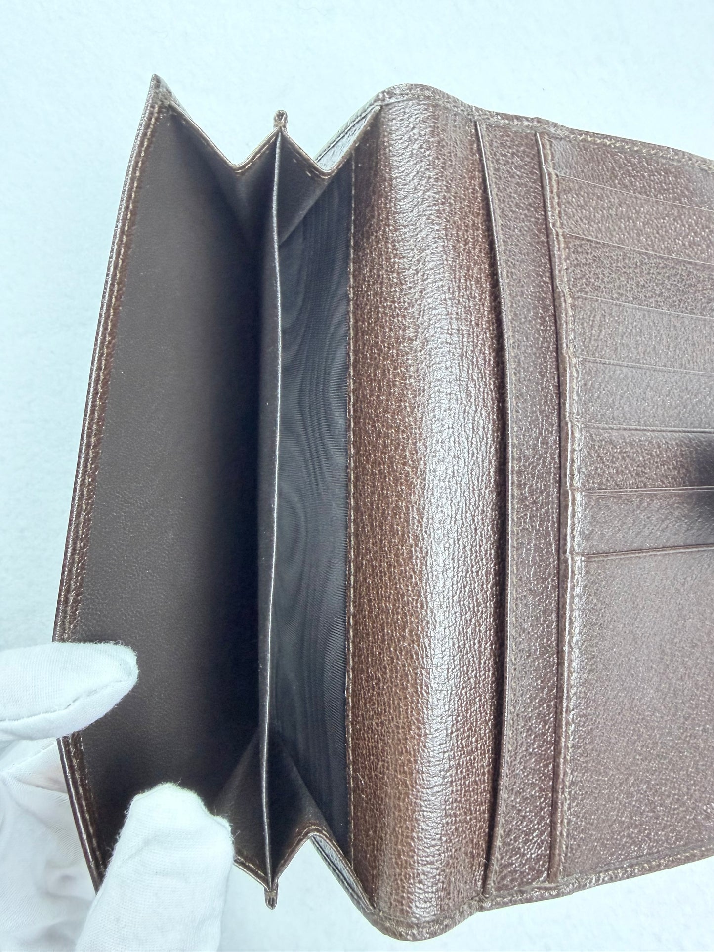 Gucci Monogram GG Canvas Continental Long Wallet Brown Leather Metal Bar W/ Box & Unbranded Silver Chain