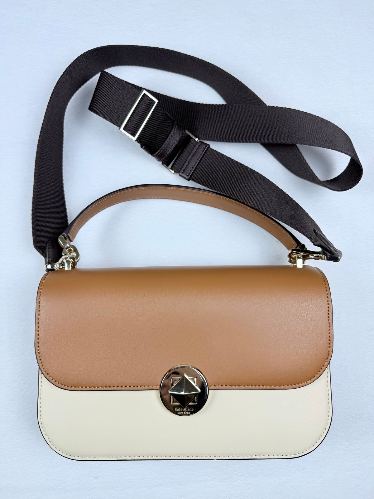 Kate Spade Colorblock Leather Top Handle Crossbody Bag Multi Brown Cream Purse NWOT