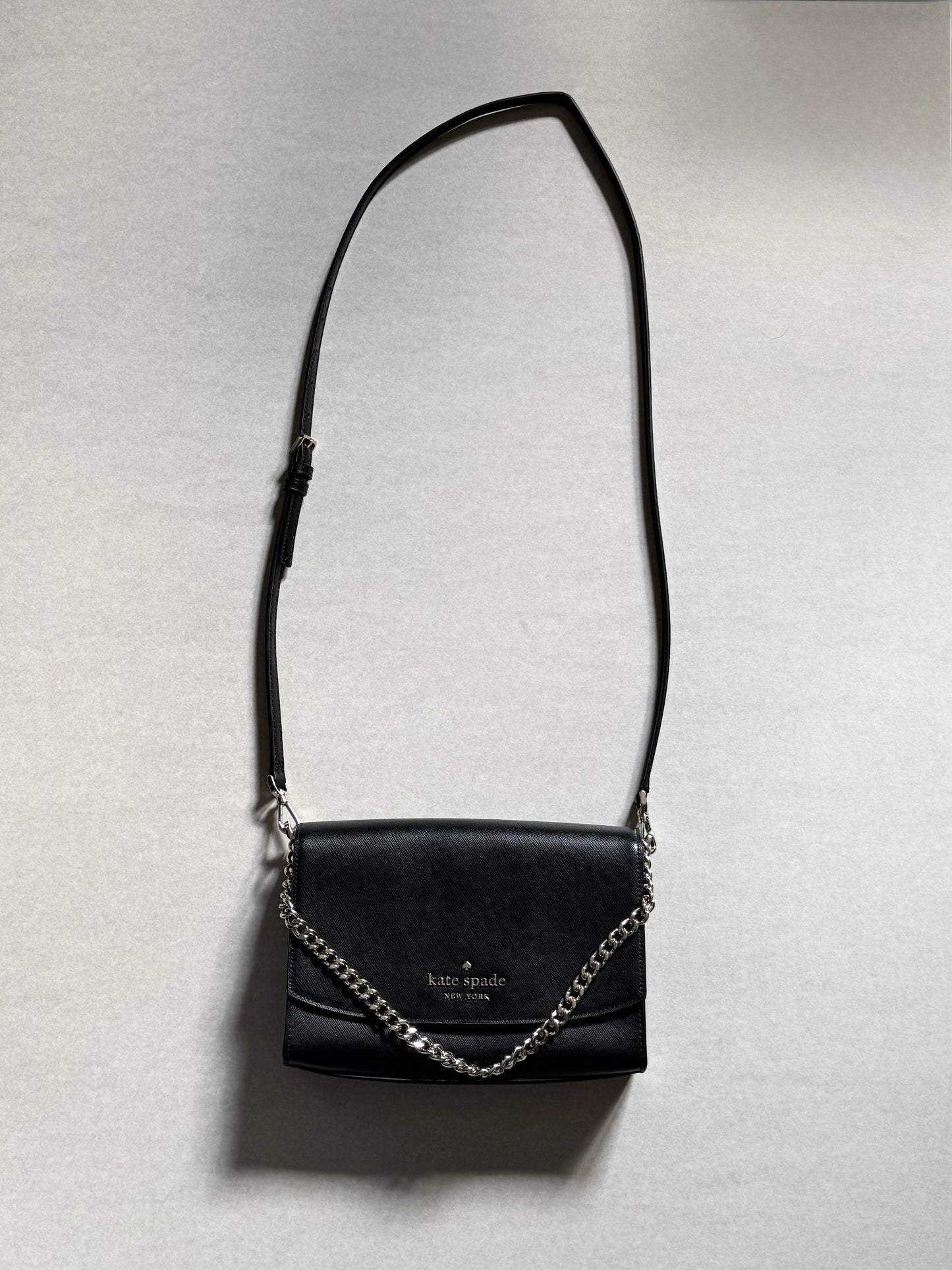 Kate Spade Black Leather Crossbody with Light Champagne Gold Chain Accent