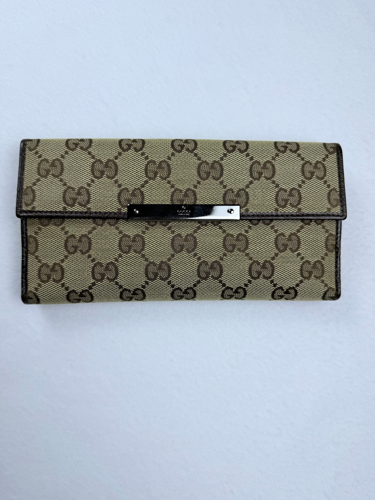 Gucci Monogram GG Canvas Continental Long Wallet Brown Leather Metal Bar W/ Box & Unbranded Silver Chain