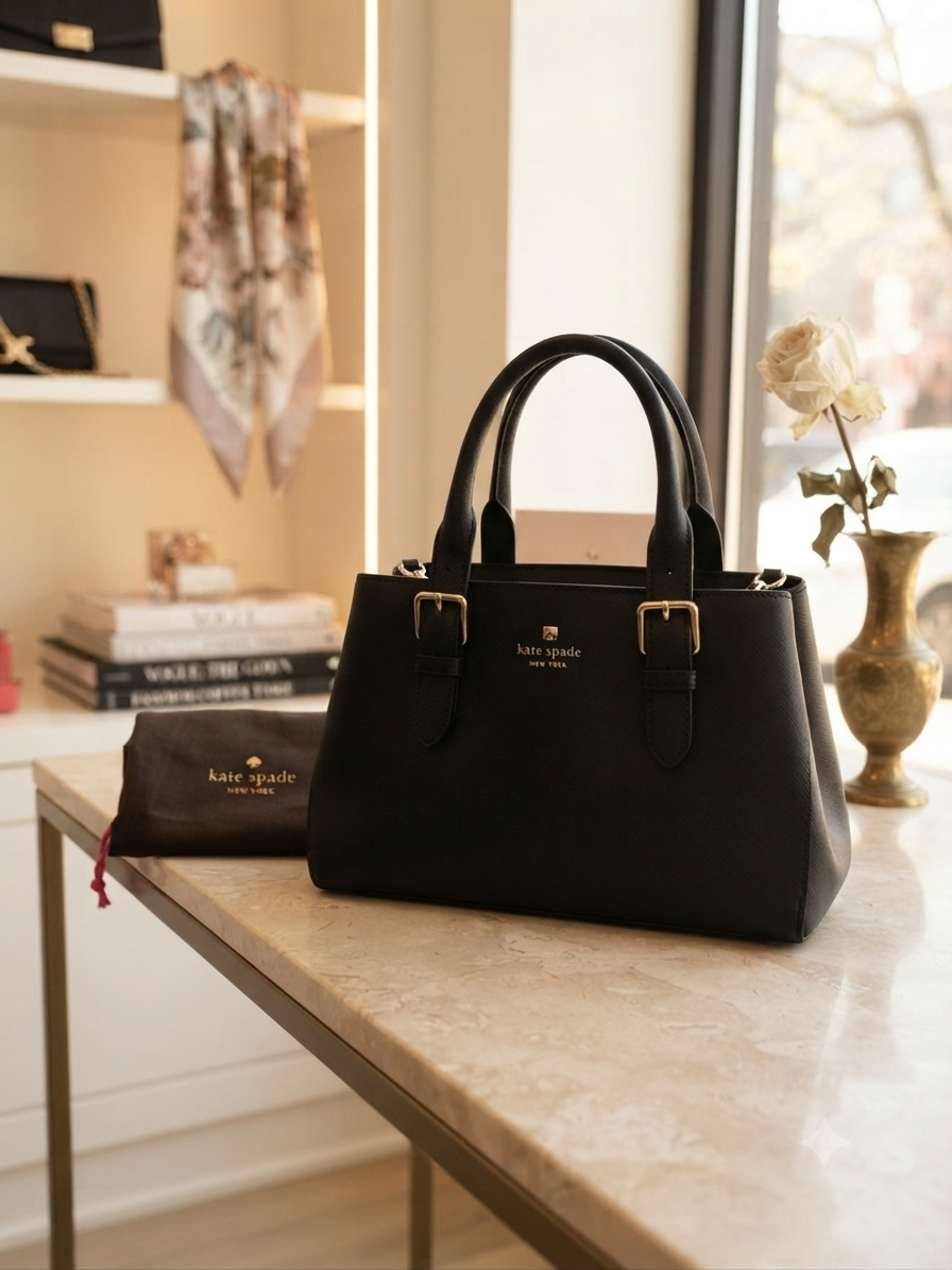 Kate Spade New York Black Saffiano Leather Structured Satchel Crossbody Bag