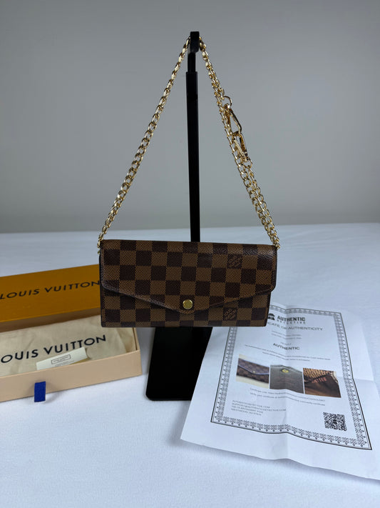 Louis Vuitton Damier Ebene Sarah Wallet with Chain, Box & Dustbag