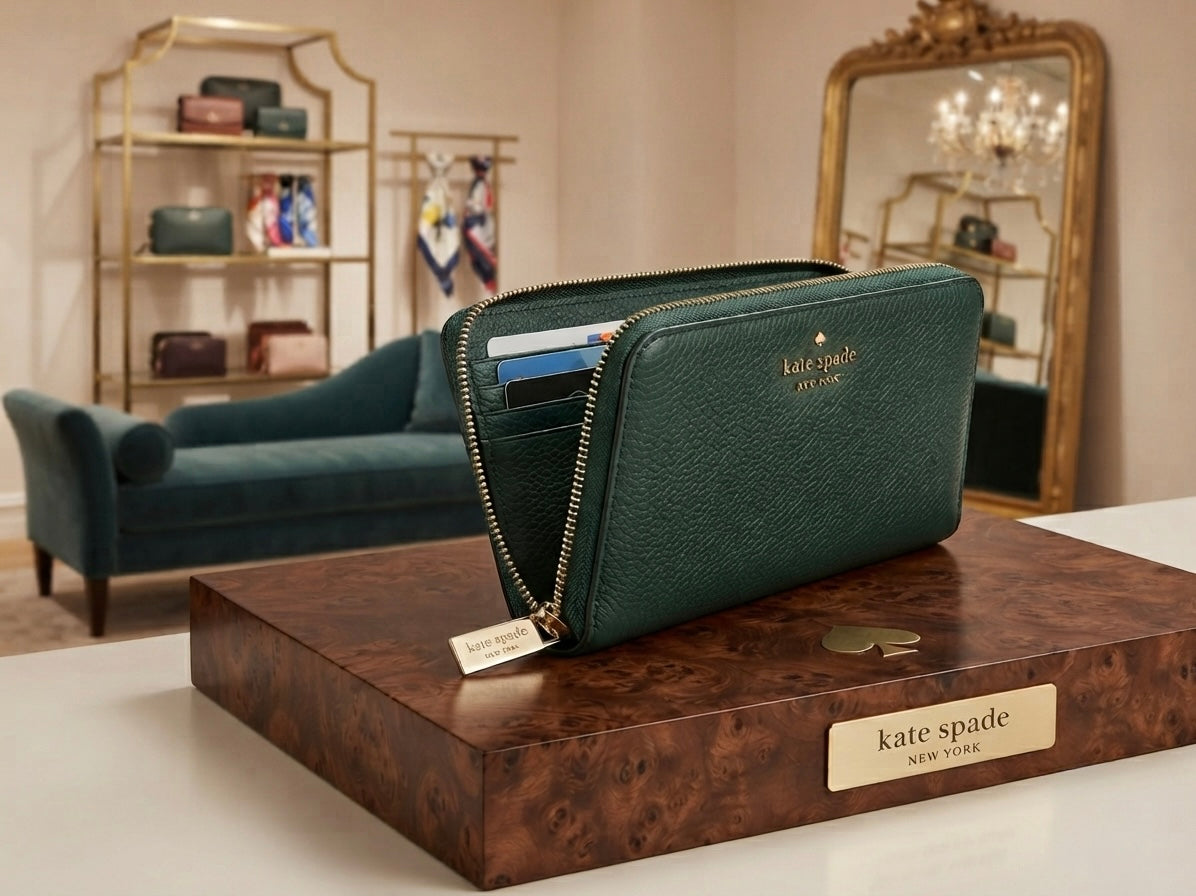 Kate Spade New York Green Pebbled  Leather Wallet w/ Zipper, Card Slots