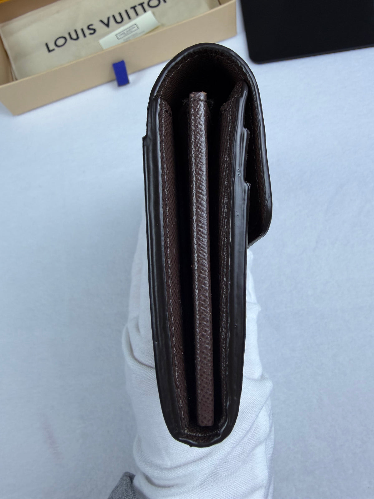 Louis Vuitton Damier Ebene Sarah Wallet with Chain, Box & Dustbag