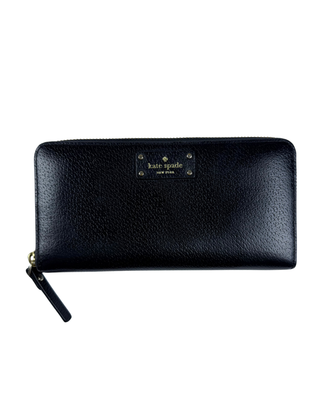 Kate Spade Pebbled Black Leather Zip-Around Wallet with Gold Plaque