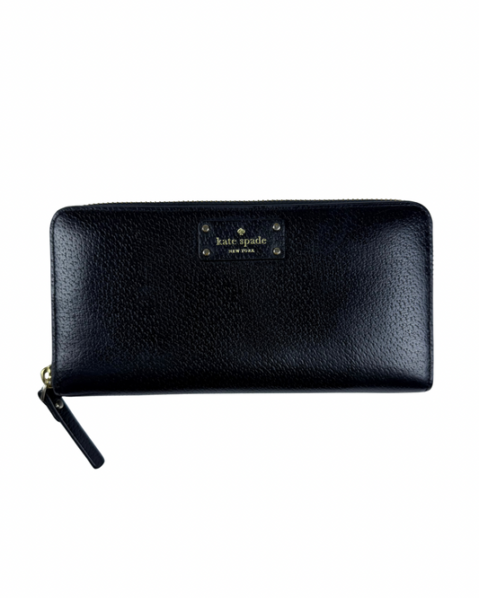 Kate Spade Pebbled Black Leather Zip-Around Wallet with Gold Plaque