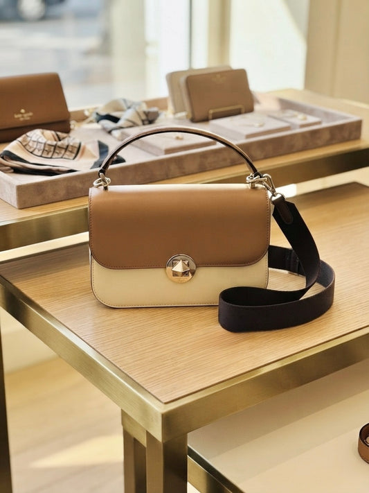 Kate Spade Colorblock Leather Top Handle Crossbody Bag Multi Brown Cream Purse NWOT