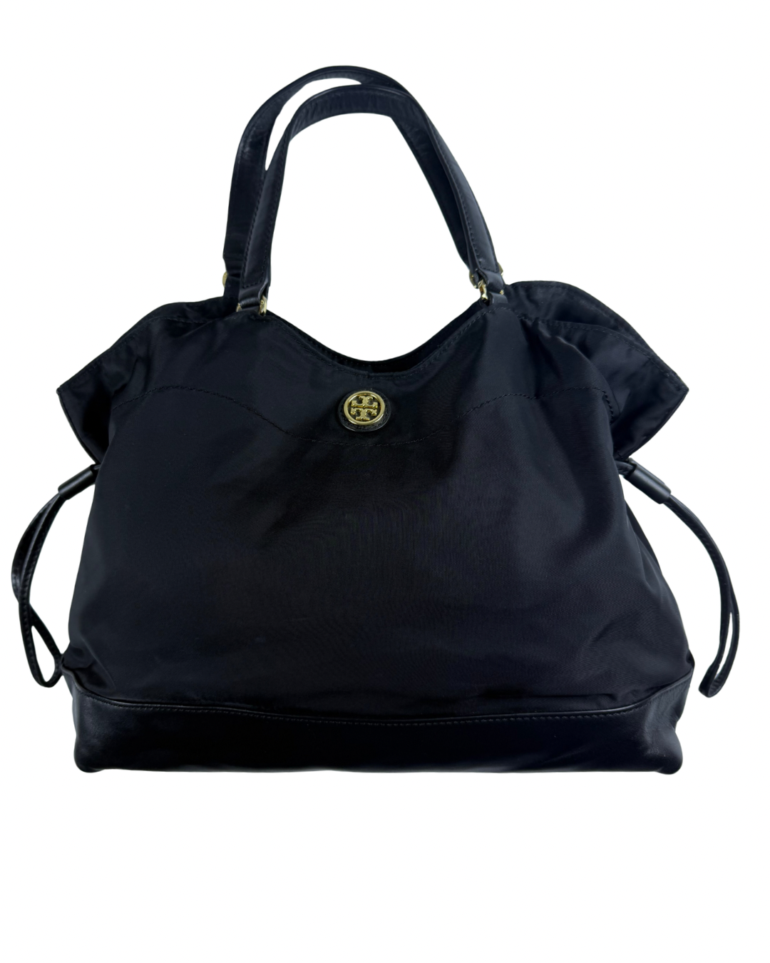 Tory Burch Black Nylon & Leather Drawstring Tote Shoulder Bag Gold Hardware