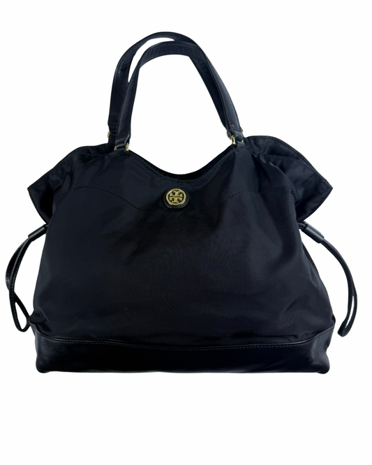 Tory Burch Black Nylon & Leather Drawstring Tote Shoulder Bag Gold Hardware