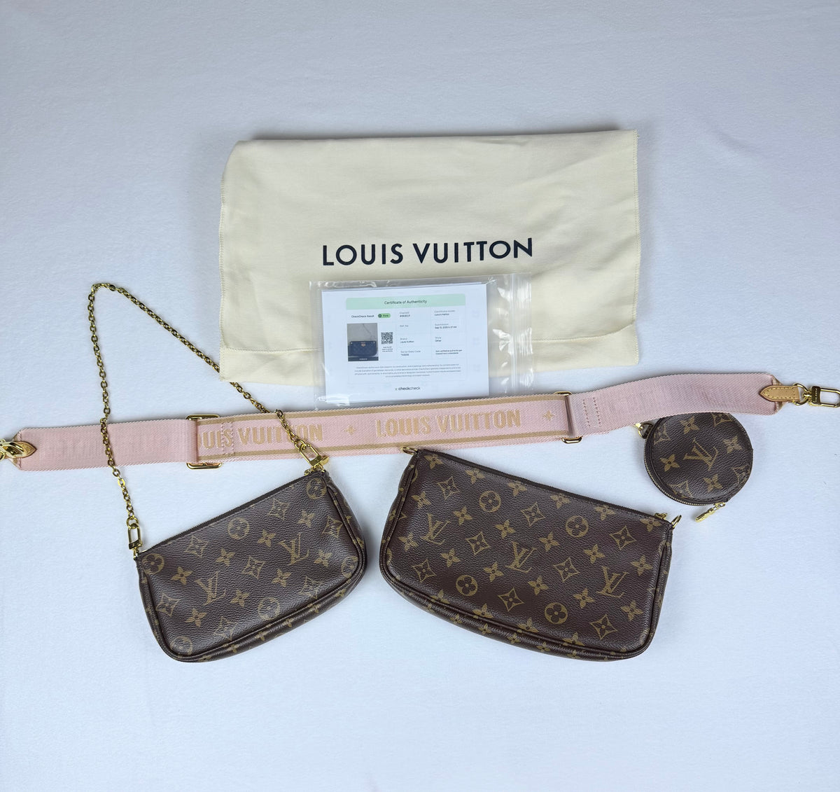 Louis Vuitton Monogram Multi Pochette Accessoires Crossbody Bag - Pink Jacquard Strap & Gold Hardware Set