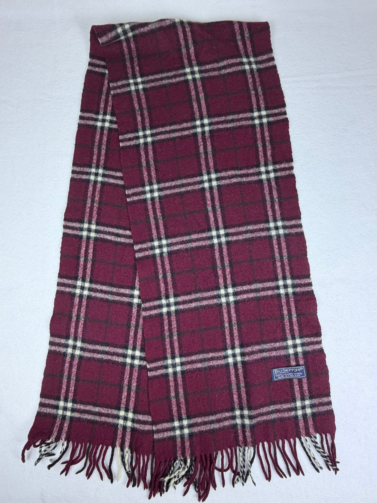 Burberrys of London Burgundy Plaid Vintage Scarf 100% Lambswool Made in England