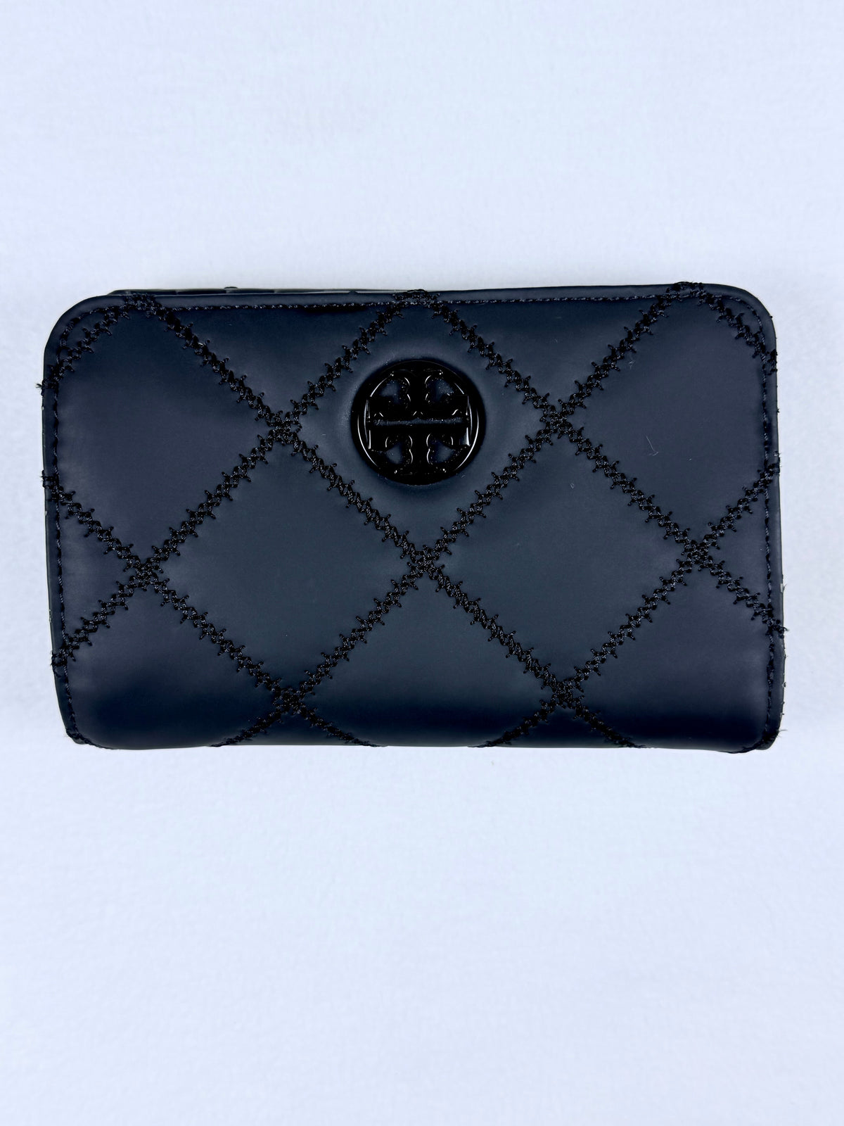 Tory Burch Black Quilted Diamond Logo Medium Flap Wallet Card Holder Zip Pocket