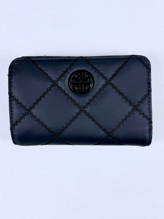 Tory Burch Black Quilted Diamond Logo Medium Flap Wallet Card Holder Zip Pocket