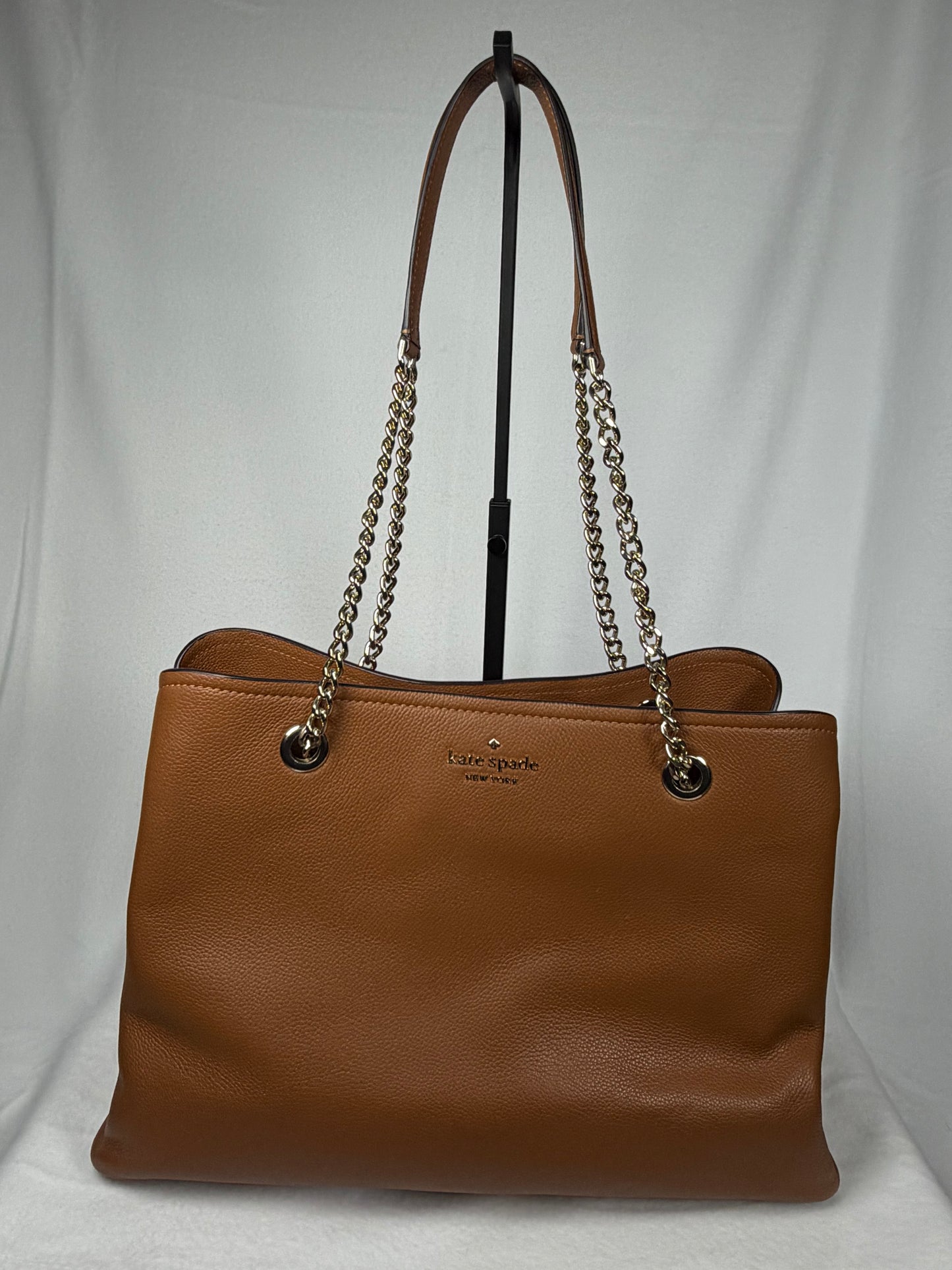 Kate Spade New York Brown Pebbled Leather Chain Strap Tote Bag with Long Strap