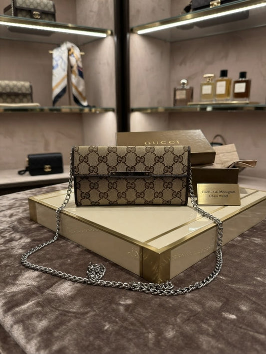Gucci Monogram GG Canvas Continental Long Wallet Brown Leather Metal Bar W/ Box & Unbranded Silver Chain