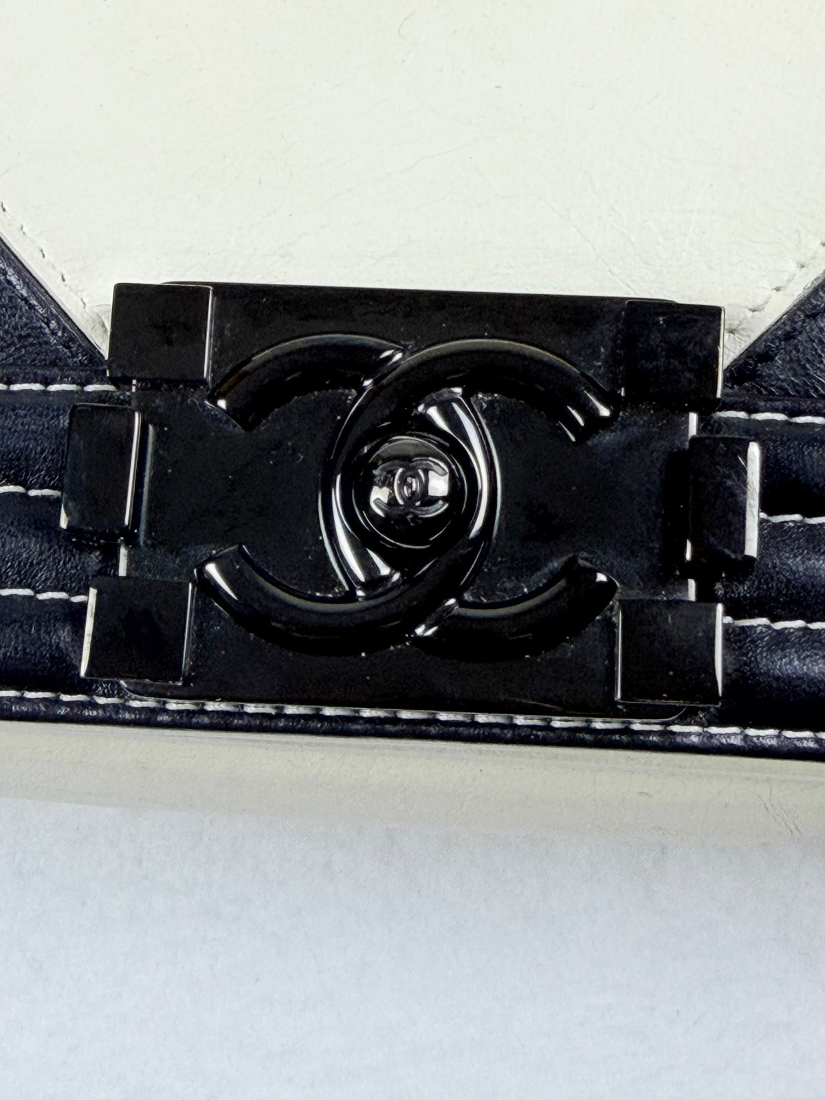 Authentic Chanel Boy Handbag Black & White Leather Ruthenium Hardware