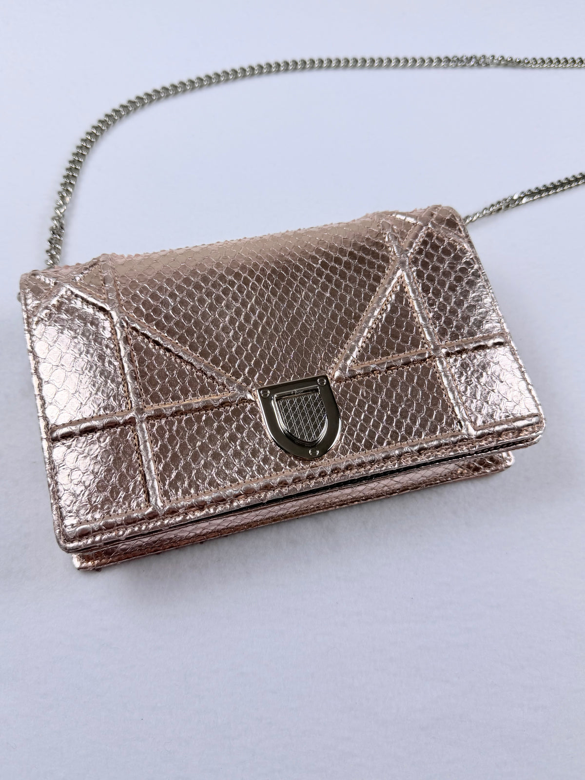 Christian Dior Rose Gold Python Diorama Promenade Pouch Chain Crossbody Bag RARE
