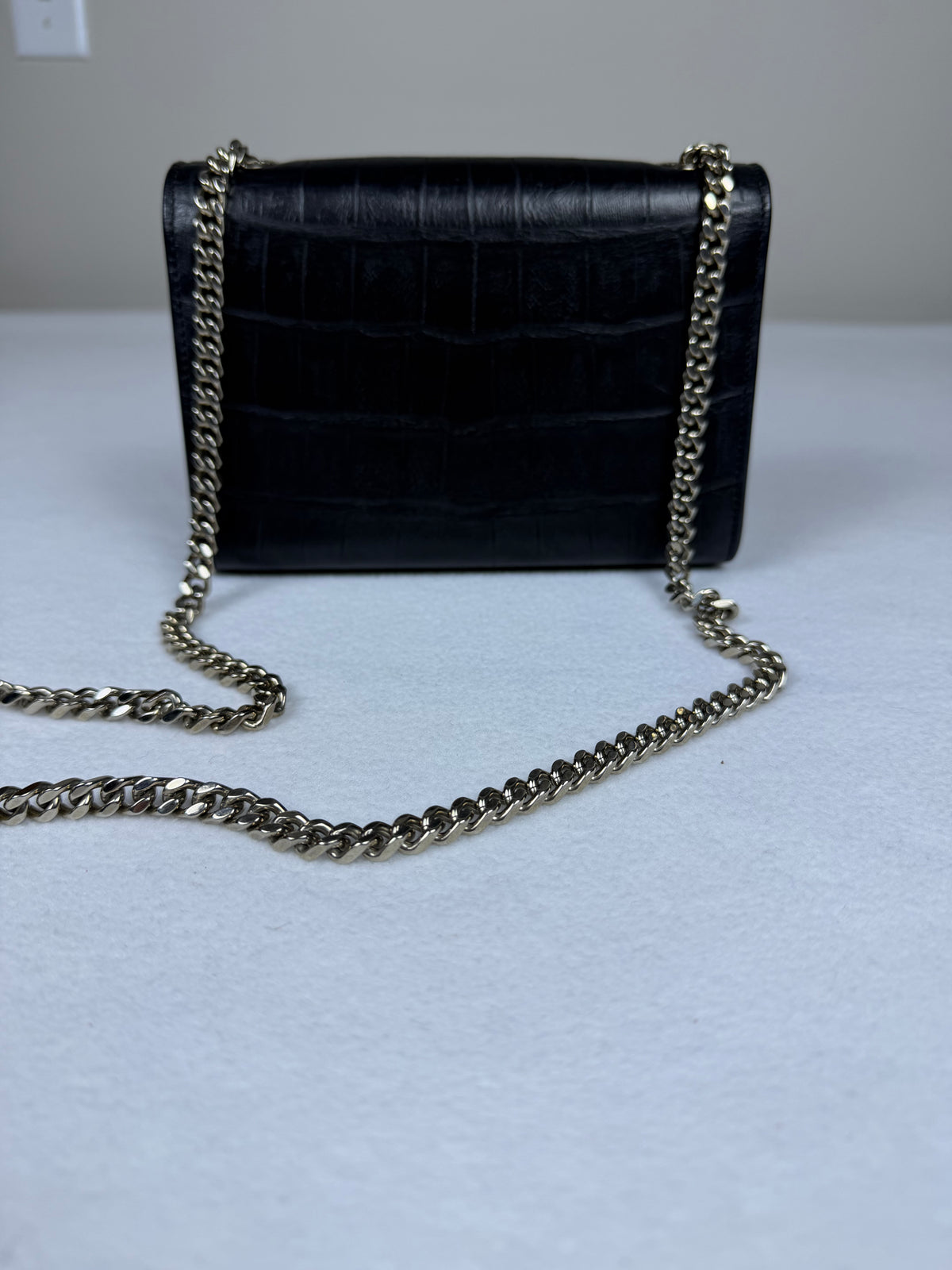 Saint Laurent YSL Kate Small Tassel Chain Shoulder Bag Croc-Embossed Black Leather Silver Hardware