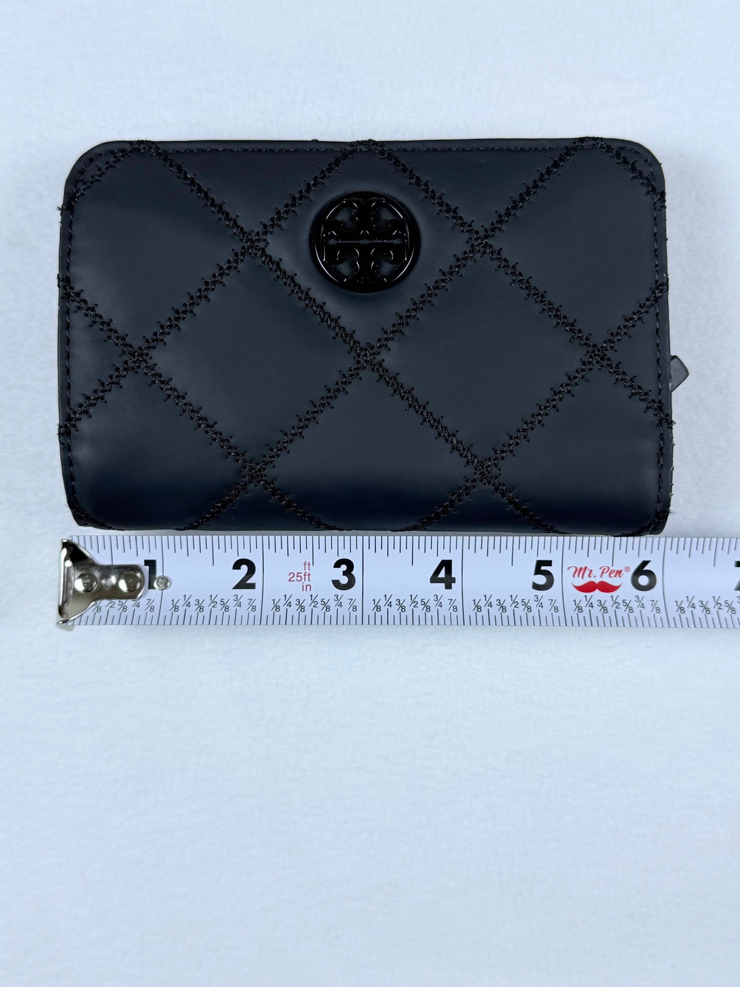 Tory Burch Black Quilted Diamond Logo Medium Flap Wallet Card Holder Zip Pocket