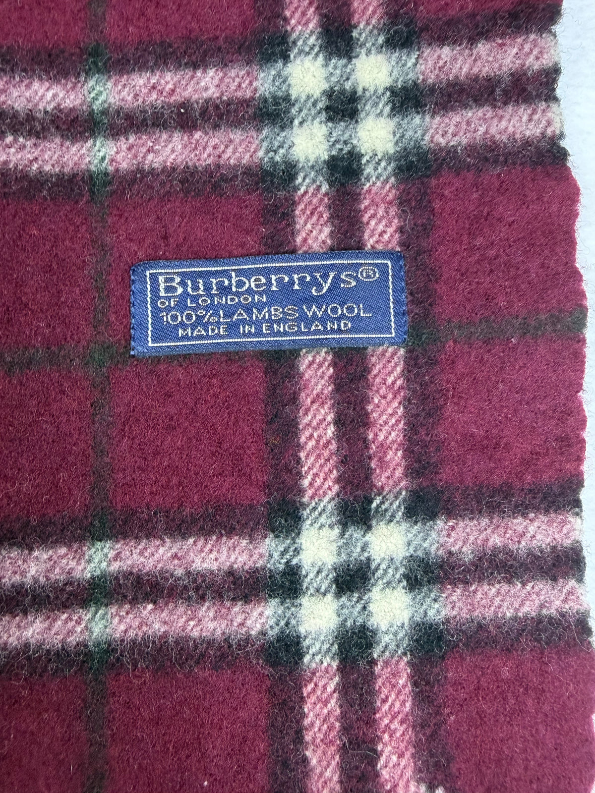 Burberrys of London Burgundy Plaid Vintage Scarf 100% Lambswool Made in England