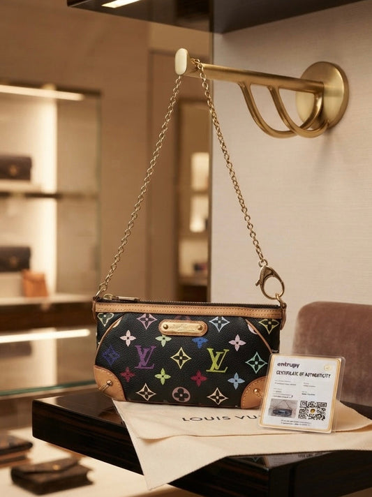 Louis Vuitton Monogram Multicolore Murakami Black Milla Pochette MM Chain Clutch w/ Entrupy COA