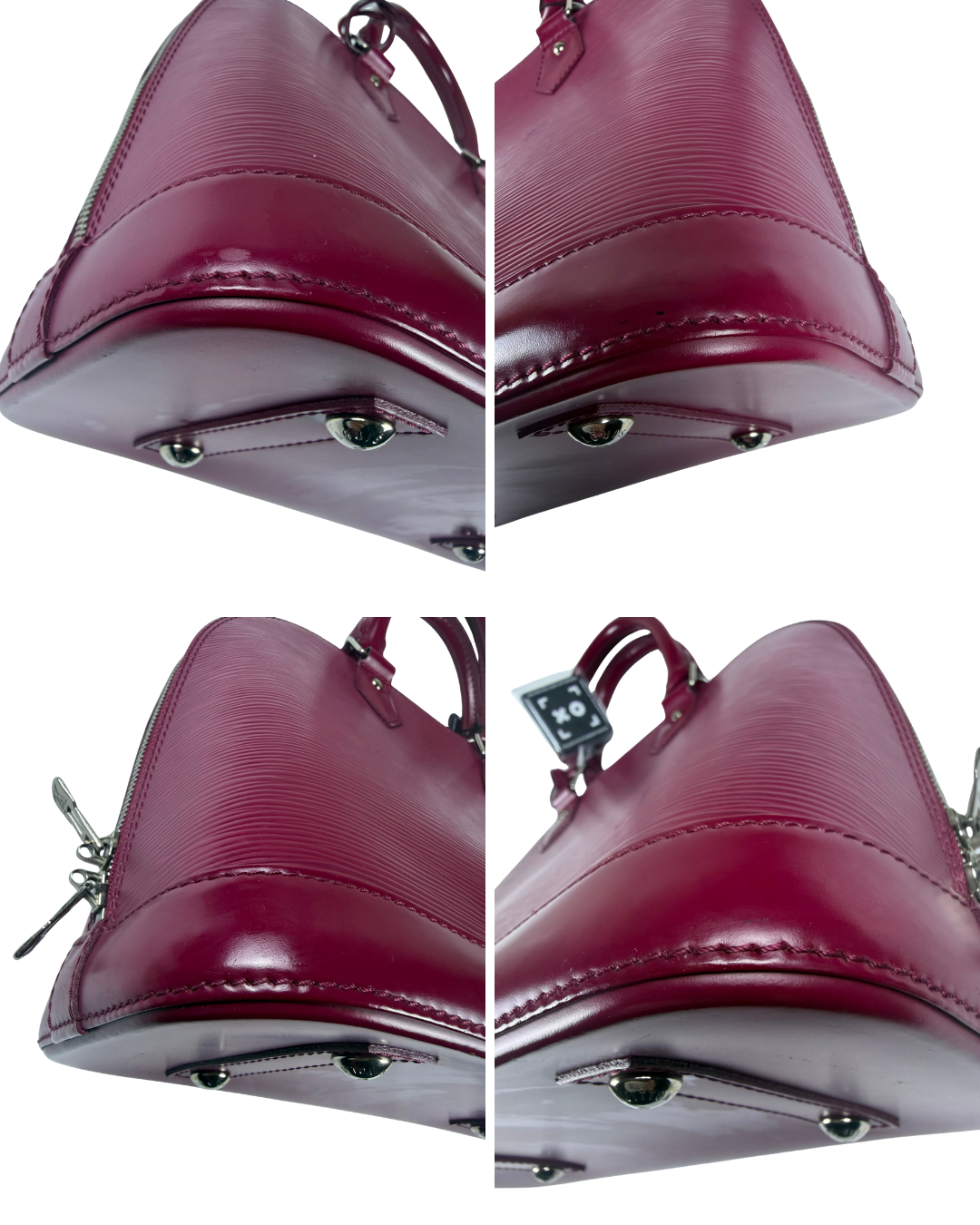 A four-panel close-up collage showing the lower half of a glossy burgundy leather handbag, including the base, hardware, zipper pull, and handle attachment, on a white background.