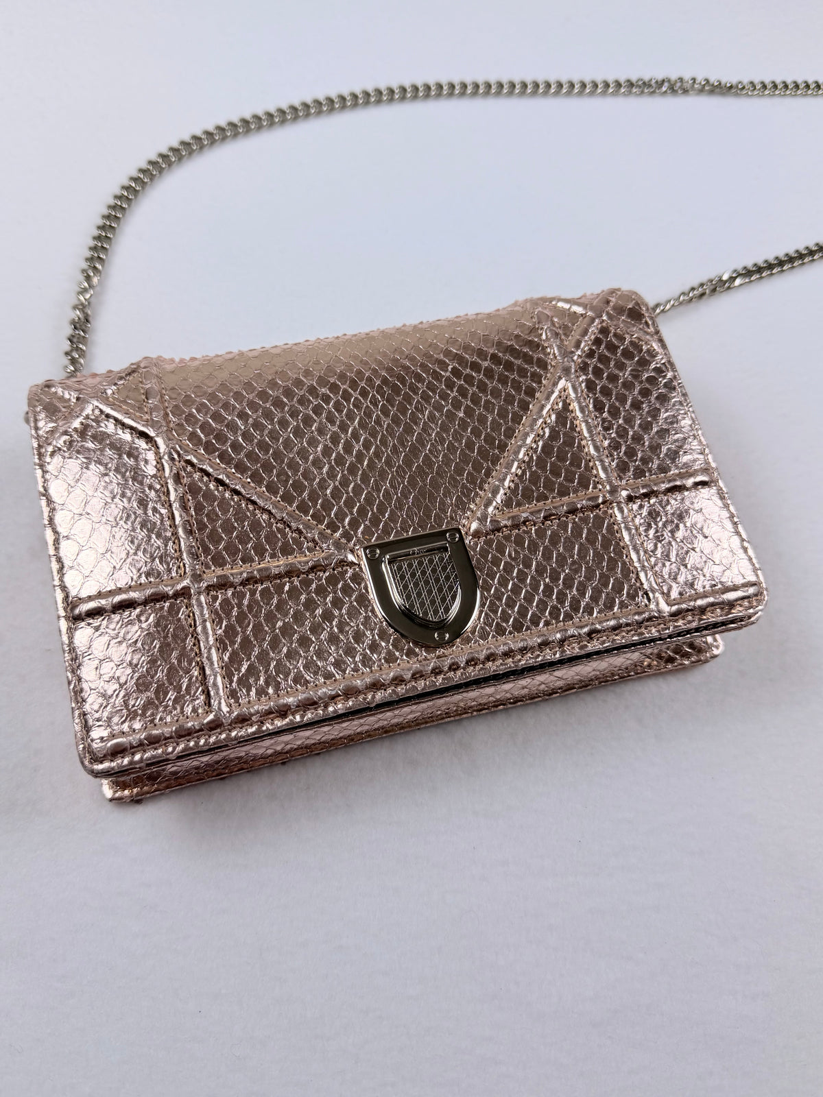 Christian Dior Rose Gold Python Diorama Promenade Pouch Chain Crossbody Bag RARE