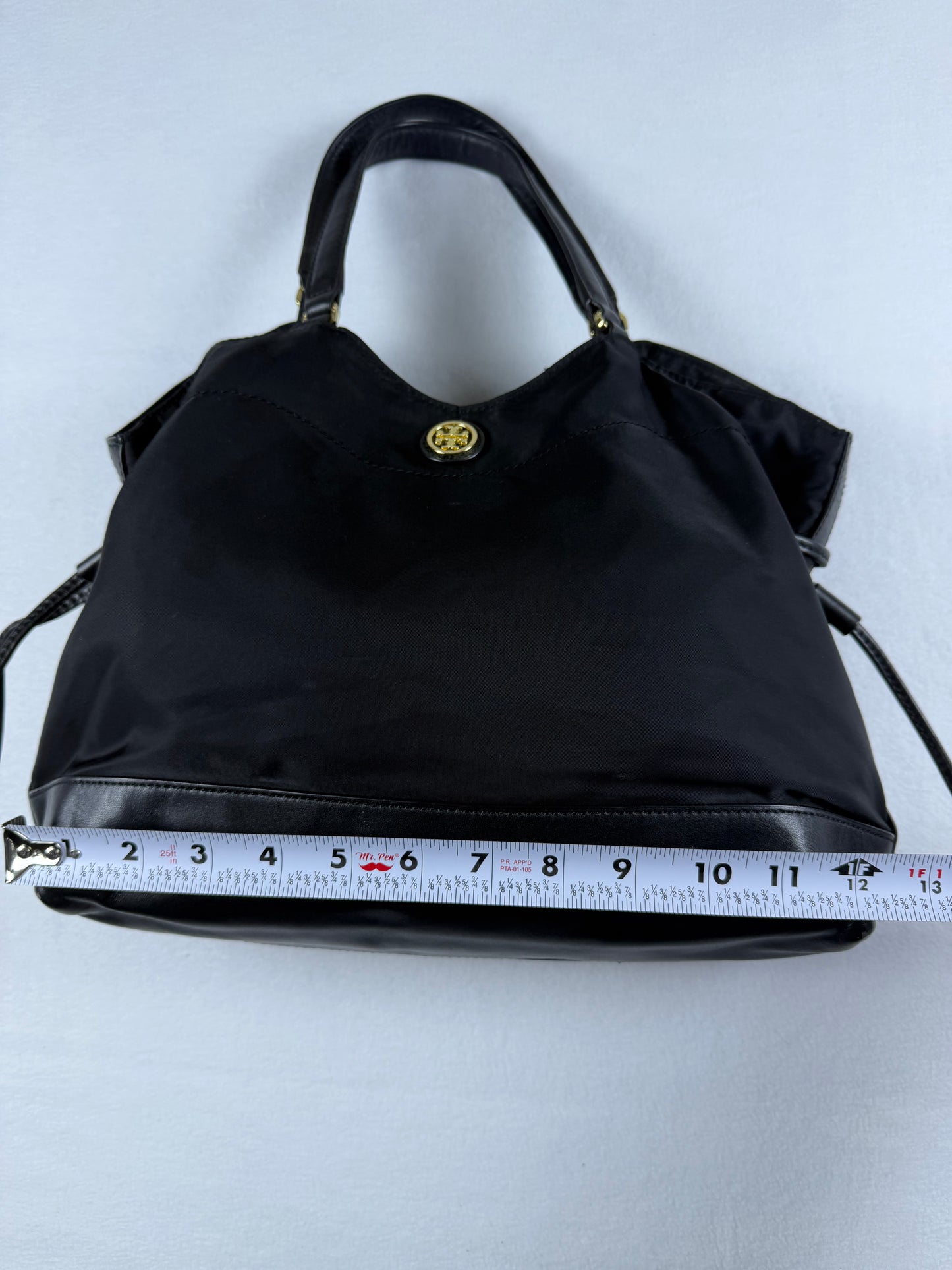 Tory Burch Black Nylon & Leather Drawstring Tote Shoulder Bag Gold Hardware