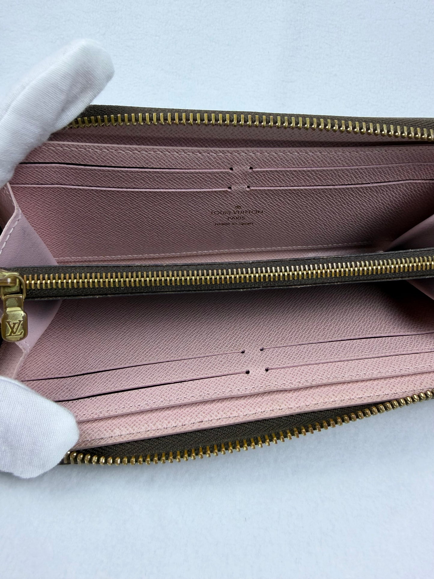 LOUIS VUITTON Clemence Wallet Damier Ebène Zip-Around Ballerine Pink Interior