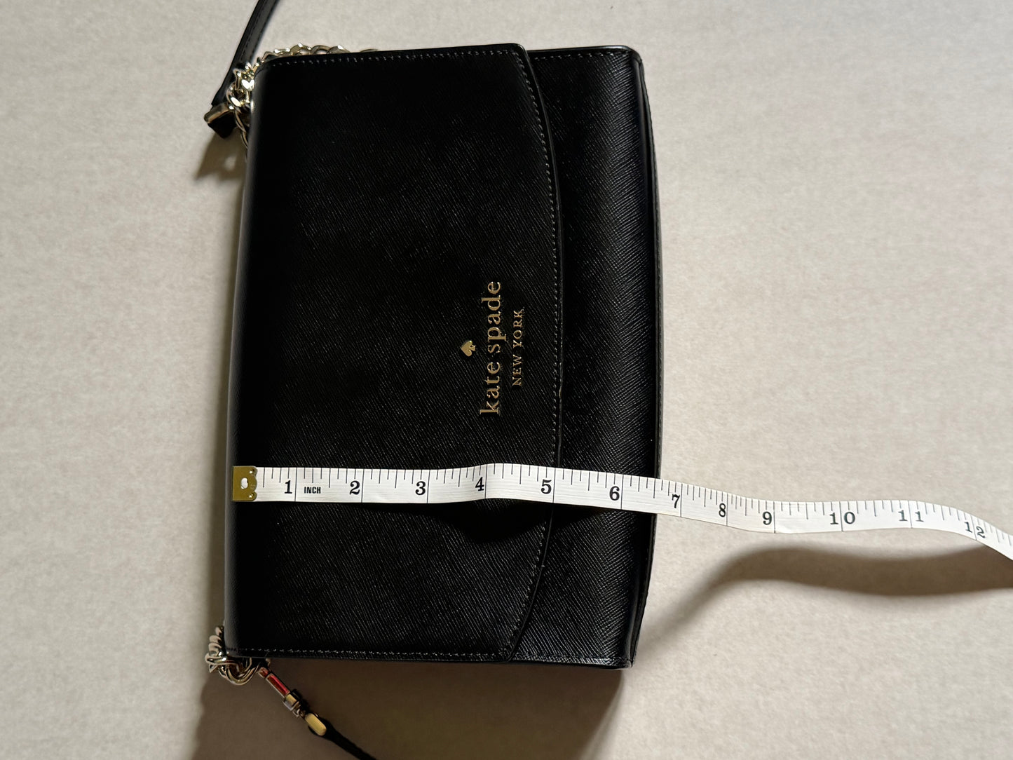 Kate Spade Black Leather Crossbody with Light Champagne Gold Chain Accent