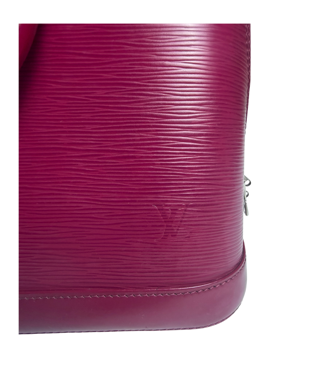 Close-up of a Louis Vuitton handbag in magenta-pink Epi leather, showing the embossed LV logo and a silver zipper pull on a white background.