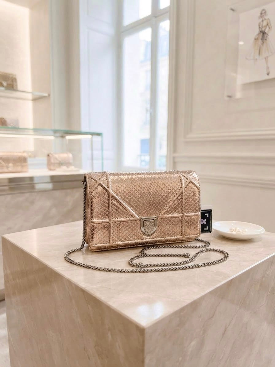 Christian Dior Rose Gold Python Diorama Promenade Pouch Chain Crossbody Bag RARE
