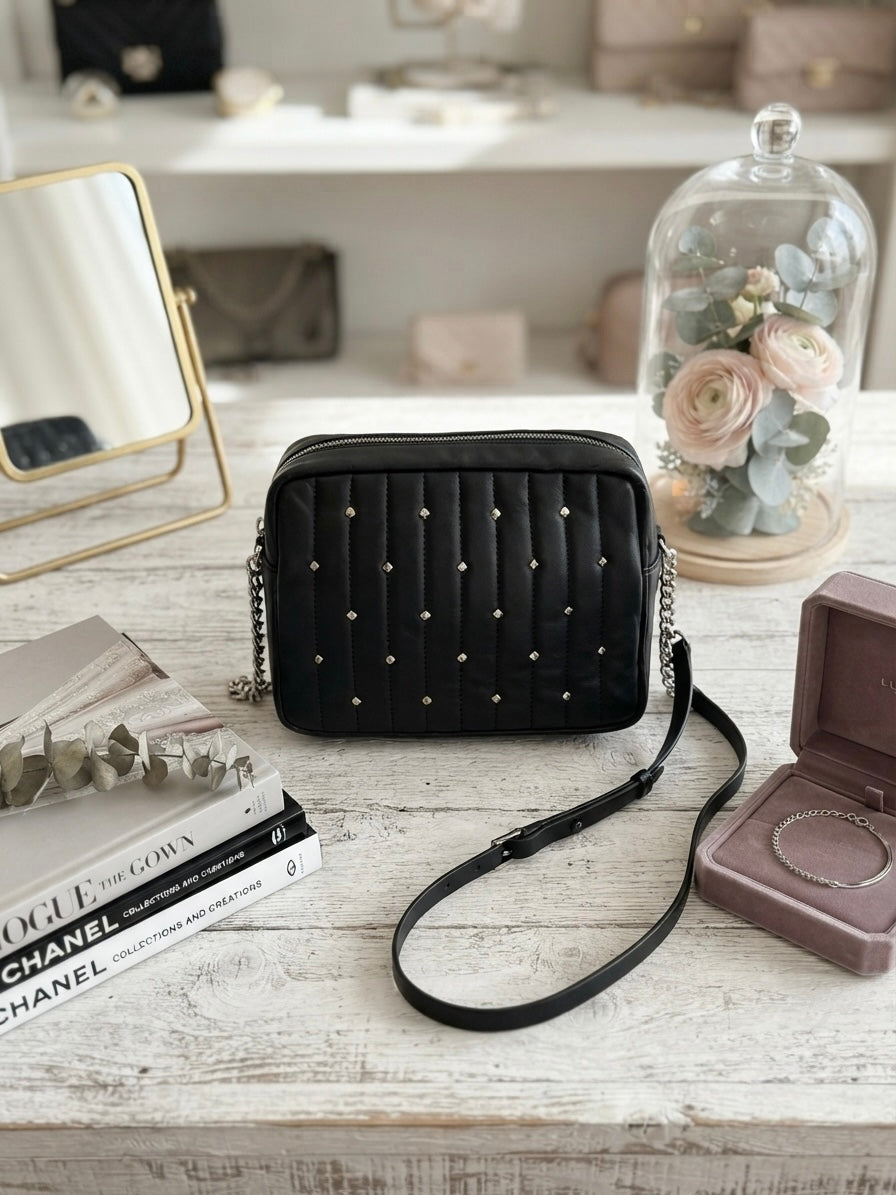 Kate Spade Black Quilted Studded Crossbody Bag with Silver Chain