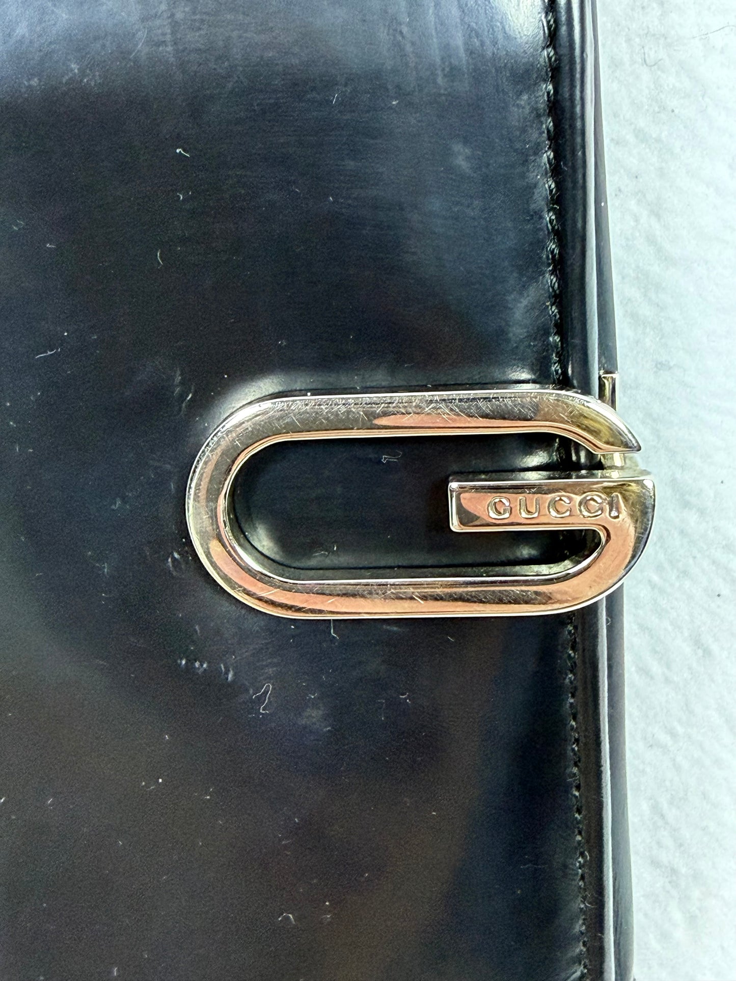 Gucci Vintage Black Leather Compact Wallet w/ G Clasp, Silver Hardware & Entrupy COA
