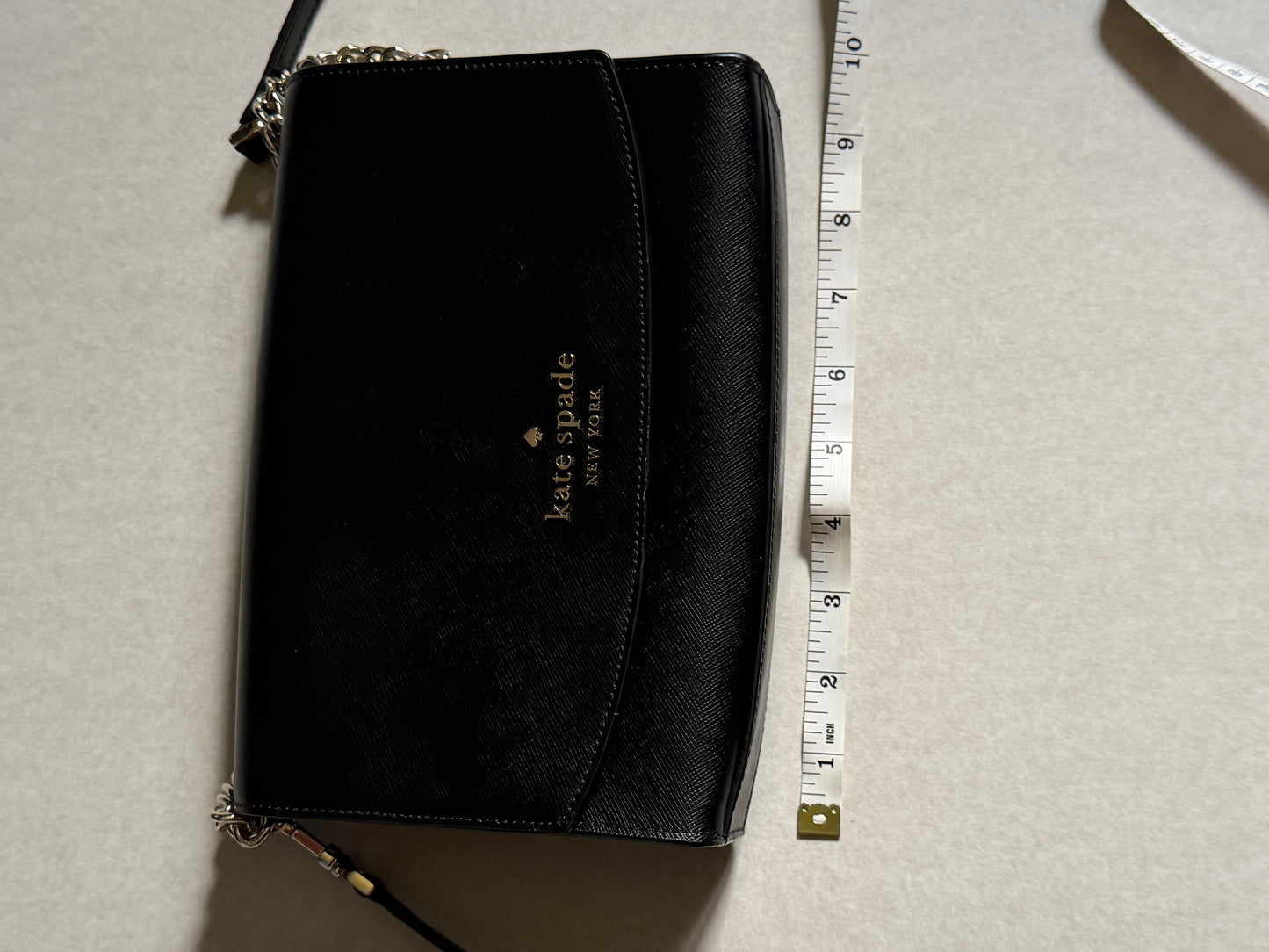 Kate Spade Black Leather Crossbody with Light Champagne Gold Chain Accent