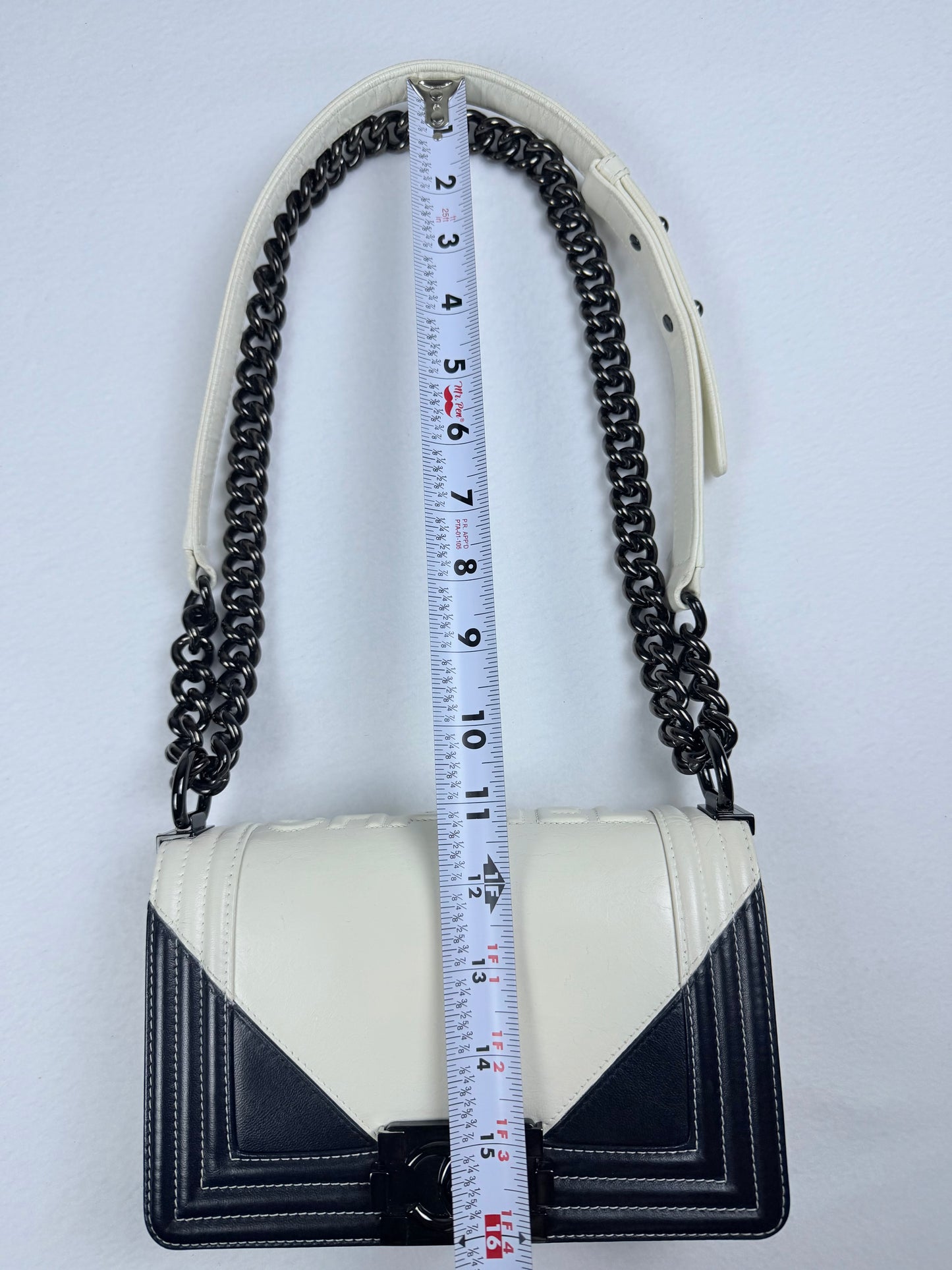 Authentic Chanel Boy Handbag Black & White Leather Ruthenium Hardware