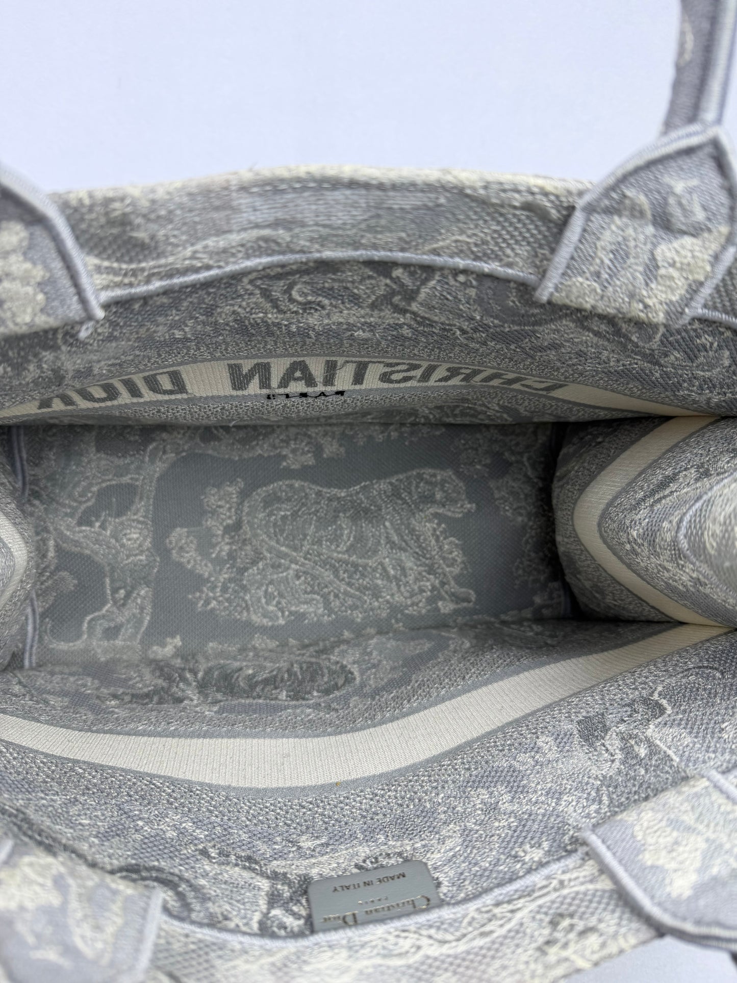Christian Dior Medium Grey Mizza Embroidered Toile de Jouy Book Tote Bag